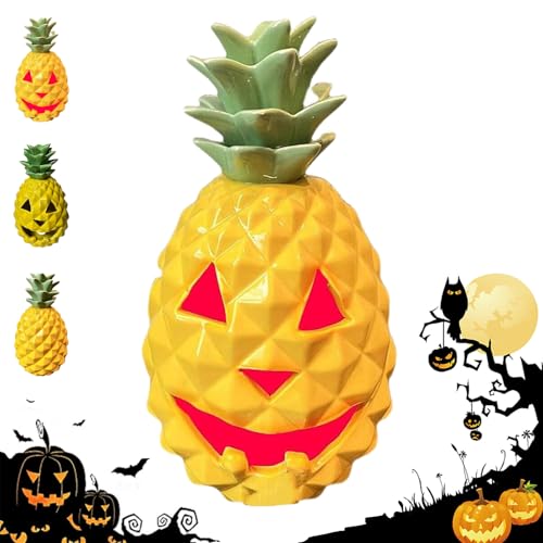 Pineapple Jack O Lantern, Creative Halloween Pineapple Pumpkin Lamp, Pineapples Pumpkin Light Decor, Yellow Resin Smiling Face Pineapples, for Halloween Courtyard and Beach Party Fun (Red)