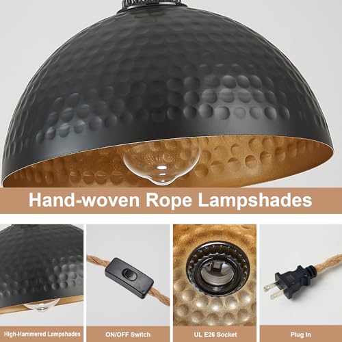Image of 3 Light Plug in Pendant Lights Hammered Dome Hanging Lamp with Switch 22 Ft Long Hemp Rope Farmhouse Pndant Light Cord Lighting Fixture DIY Hanging Light