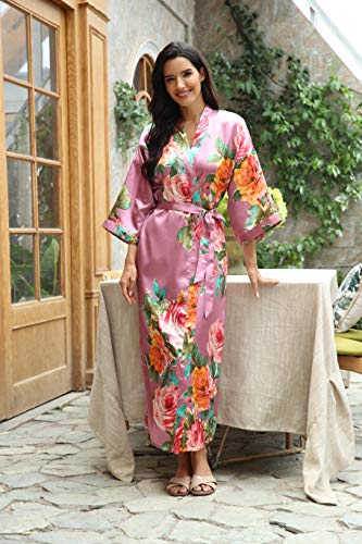 Image of Women Silk Kimono Robe Long Floral Bridesmaids Robes Satin | Wedding Party Bridal Getting Ready Robe Lightweight Dressing Gown Loungewear Sleepwear