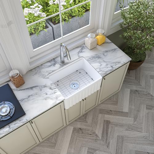 SmartSylva 60 cm Weiß Unterbau Arbeitsplatz Küchenspüle Bauernhaus Küchenspüle Keramik Tiefe Einzelschale mit Zubehör für Küche Insel