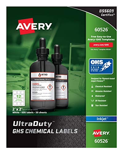 Avery UltraDuty GHS Chemical Labels for Pigment Inket Printers, Waterproof, UV Resistant, 2x2, 600Pk (60526)