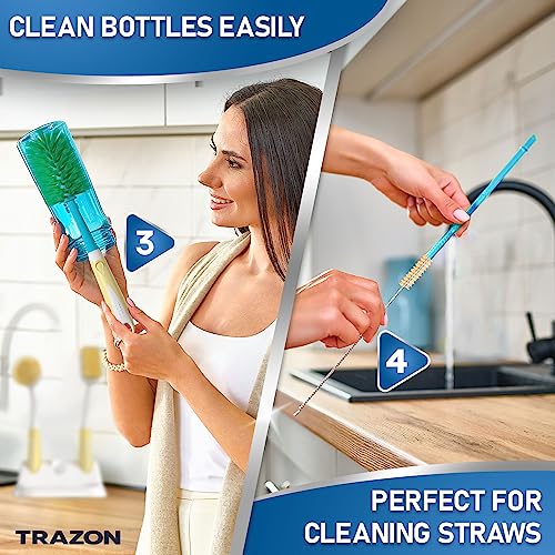 Image of Dish Brush Set of 5 with Holder - Kitchen Scrub Brushes with Non-Slip Long Handle for Cleaning, Scrubber, Dishwashing, Dishes, Bottles, Straws, Cups, Pots & Sink, Baige
