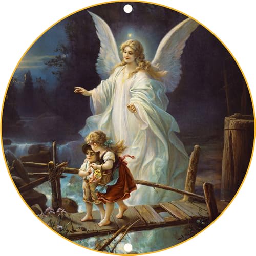 Guardian Angel Emblem Metal Sign-Guardian Angels Logo,12 Inch Round Angels Wall Decor for Religious Atholic Baptism,Christmas, Birthday,House Warming Blessings,Thanksgiving,Baptism Keepsake