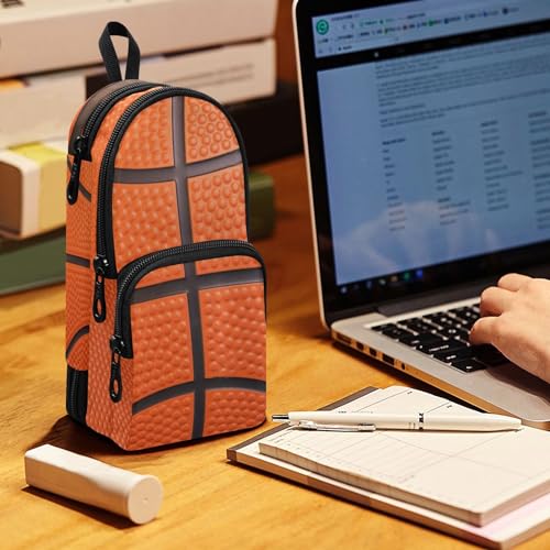 Image of ZAZYXTJ Basketball Texture Standing Large Capacity Pencil Case 3 Compartment Pen Pouch Storage Canvas Makeup Bag for School Office Teen Girl Boy Men Women