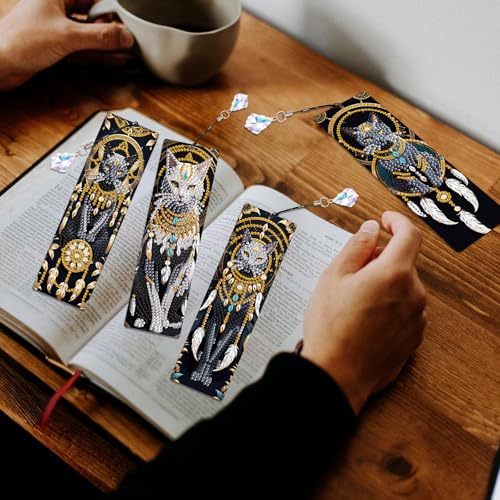 Image of 4-Piece Dreamcatcher Cat Diamond Painting Bookmarks Set for Adults - DIY 5D Rhinestone Art Bookmark Kits with Tassels, Beautiful Diamond Art Bookmarks for Crafts and Gifts