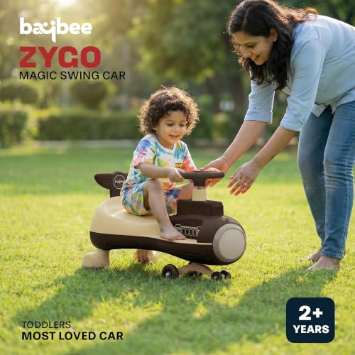 Image of Baybee Zygo Baby Swing Car for Kids with LED Lights & Music | 360 Steering Twister Push Ride On with Wide Seat, Storage & Smooth Glide | Wiggle Magic Car for Boys & Girls Aged 3+ Years (Brown)