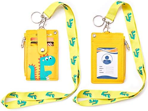 Badge Holder with Zipper, Cute PU Leather ID Badge Holder Wallet with Lanyard, 2-Sided 5 Card Slots and Key Ring for Offices ID, School ID, Driver Licence ect