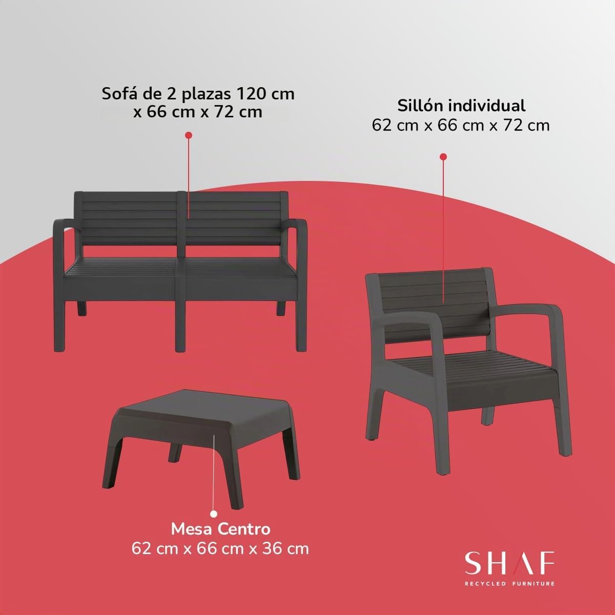 Shaf SP Berner - Set de Muebles de Jardín y Terraza Miami Color Grafito - Sofá 2 Plazas, 2 Sillones y Mesa de Centro - Fabricado en España con Plástico Reciclado