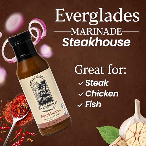 Everglades Steakhouse Marinade – Bold Blend of Spices & Peppers for Grilling, Broiling & Baking – Flavorful Marinade for Beef, Pork, Poultry & Seafood – 12 oz Bottle