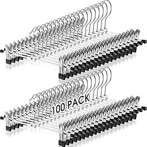 Weysat 100 Pack Pant Hangers with Clips Adjustable Metal Pants Skirt Hangers Bulk for Space Saving Heavy Duty for Clothes Jeans Closet Organizer, Silver and Black