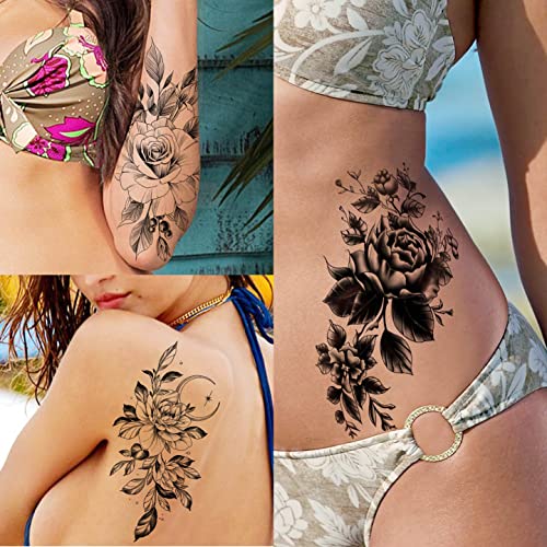 Image of VANTATY 65 Sheets Black Realistic Flower Temporary Tattoos For Women Arm Thigh, 3D Fake Tattoos That Look Real And Last Long, Temp Rose Sketch Moon Snake Peony Floral Tattoo Stickers For Adults Girls