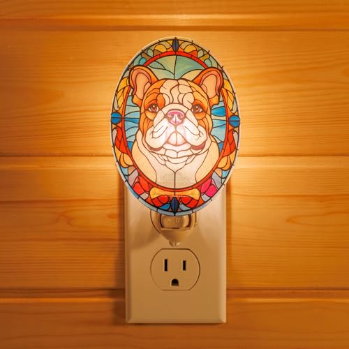 Image of Dog Night Light English Bulldog, Stained Glass Styled Plug-in Wall Nightlight, Bulb Included, Pet Memorial & Dog Lover Gift, Bedroom Hallway Bathroom Decor