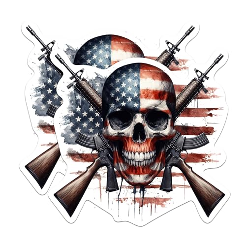 (2 Pack) Skull and Guns USA Flag Stickers - American Flag Patriotic - 5 Inches On Longest Side - Premium Vinyl - for Cars, Skateboards, Laptops - Made in USA - BMCS1370
