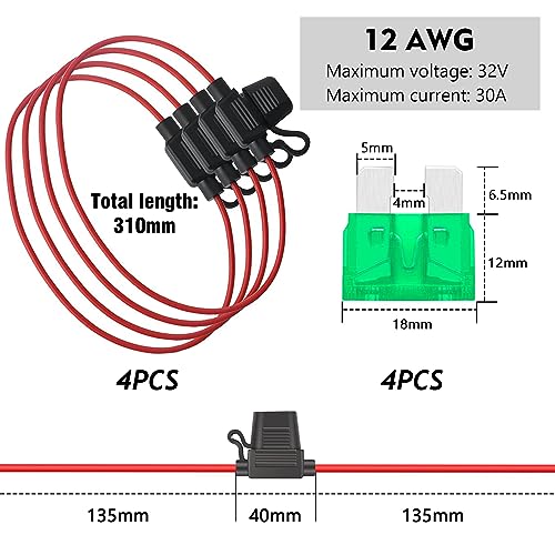 4 Stück Sicherungshalter Kfz Standart 12 AWG mit 30A Kfz Sicherungen, Klingentyp Sicherungshalter mit wasserdichter Kappe für Automobil-, Marine-, Golfwagenbeleuchtung und Schaltungs-Kfz-Sicherungen