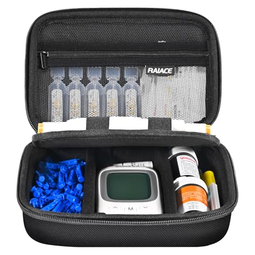 RAIACE Hard Storage Case for Diabetic Supplies, Bag fit for Glucose Meter, Insulin Pen, Glucose Monitor, Blood Sugar Test Strips,Lancets,. (for sale is case only)- Black