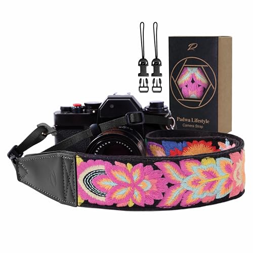 Image of Padwa Lifestyle Colorful Knit Camera Strap - 2 inch Full Grain Leather Ends Camera Straps for Photographers, Vintage Embroidered Cotton Soft Suede Fabric Padded Strap Quick Release fits All Cameras