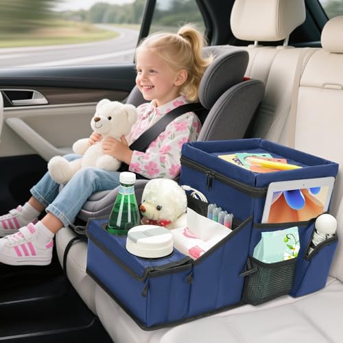Image of Backseat Organizer for Kids & Adults - Car Seat Cooler Warmer with 2-in-1 Writing Tray, Cup Holders & 11 Storage Compartments | Road Trip Car Organizer for Front & Back Seat (Black) (Navy Blue)