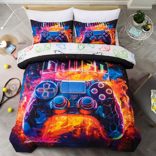 Holawakaka Twin Size Gaming Console Bed in A Bag 5 Pieces for Boys Gamer Comforter Set with Sheets for Kids Teens Flame Video Gamepad Quilt Bedding Sets, (Red Twin)