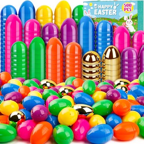 WOWSCAN Paquete de 500 huevos de Pascua de 2.4 pulgadas a granel incluye 12 huevos dorados sorpresa para niños
