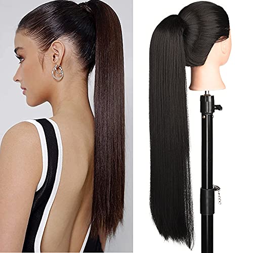 24 Inch Long Straight Ponytail Hair Extension Clips Synthetic Heat Resistant Wrap Around Drawstring Pony Tail Hairpieces For Women (Straight 24Inch, 4#) #TOP23