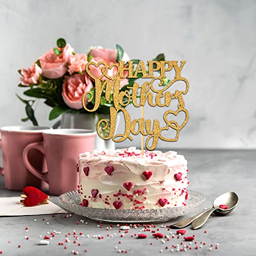 Happy Mother's Day Cake Topper, Best Mom Ever, Heart Love Mother's Day Pary Decorations Supplies, Gold Glitter #TOP3
