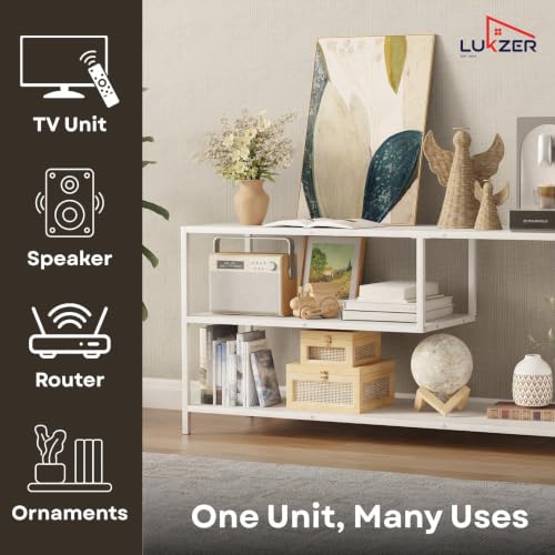 Image of Lukzer Metal & Engineered Wood TV Unit Stand Ideal for TVs Up to 43 Inch | MTU-001 /White & White | Open Shelves for WiFi Router, Set-Top Box, Speakers & Decor | Living Room Storage Rack Organizer