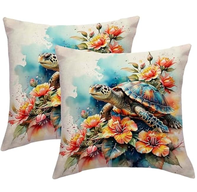 Watercolor Sea Turtle Throw Pillow Covers with Flowers 18 x 18 Inch Coastal Decorative Pillow Cases Summer Ocean Beach House Decor Cushion Covers 2Pack for Sofa Couch (Orange)