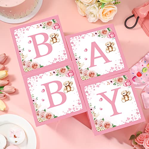Image of Bucherry 6 Pcs Baby Shower Centerpieces with Letters, 7 inch Baby Blocks Flower Boxes for Table Decorations, Gender Reveal Party Supplies & Photo Props(Pink,Pink Bear)
