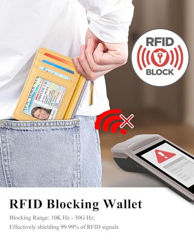 Image of Teskyer Slim RFID Wallet for Women, Small Card Holder with Zip Pocket, Yellow, 3.5 inch x 4.7 inch, Minimalist | Zip Pocket for Cash Coin, 1 ID Window & 7 Card Slots, Ultra Slim Design, D-Ring for Neck Lanyard, for Daily Carry and Travel