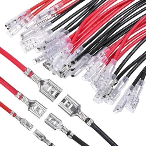 30Pcs 2.8mm 4.8mm and 6.3mm Female Spade Crimp Terminal with Insulating Sleeve and Wire Red+Black Quick Splice Connector Kit for Speaker Wire Crimp Terminal Assortment with 20cm Wires