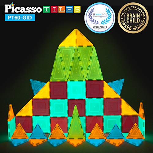 Picassotiles 60Pc Glow Magnetic Building Blocks + 12Pcs Mirror Tile, Clear Magnetic 3D Building Blocks Construction Playboards, Expansion Square Set, Toddler Magnets, Educational Toys For 3+ Year Old #TOP2