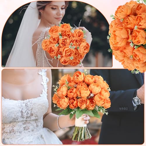 Image of 8 Pack Orange Peonies Artificial Flowers, Fall Fake Silk Hydrangea Bouquet for Bridal Wedding Home Table Decor Reusable Dining Opening Ceremony Birthday Arrangement Faux Floral