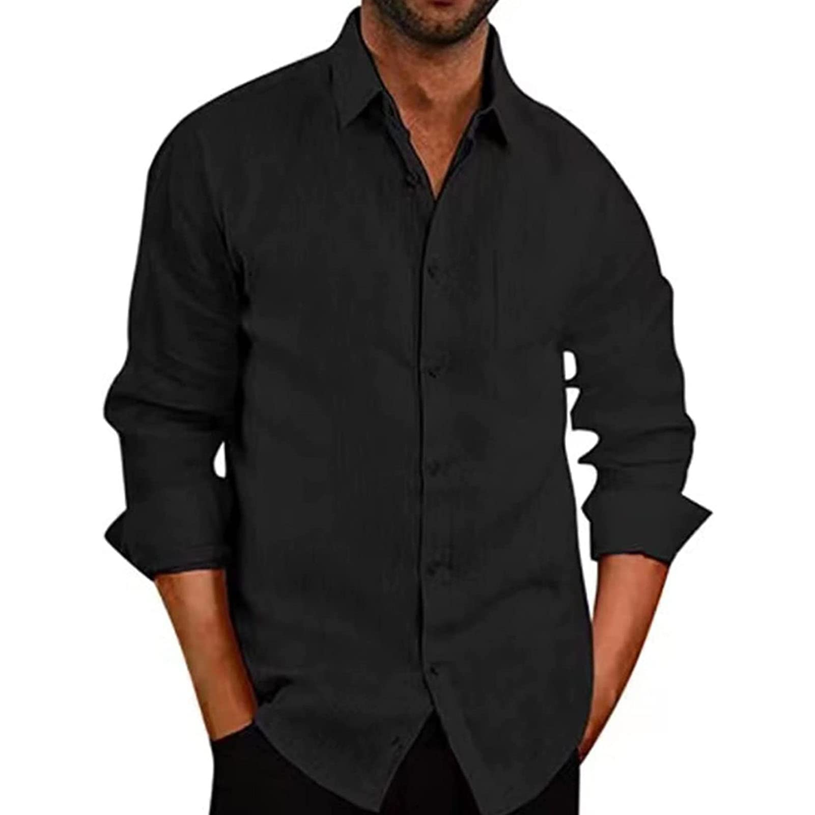 Men's Linen Button Down Shirts Casual Long Sleeve Summer Beach Shirt Tops Solid Roll-Up Sleeve Regular Fit Shirt (Black,3X-Large)