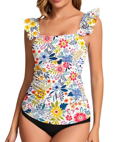 WOWENY Swim Tankini Top Only for Women Tummy Control Tankini Swimsuits UPF 50+ Ruffle Bathing Suit Tops No Bottom