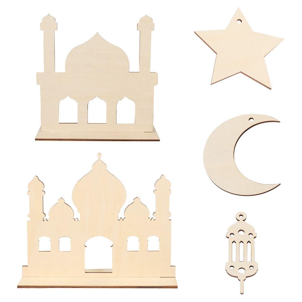 Home Smart DIY wooden Ramadan decorations for home use | Wooden Ramadan decoration strip in the shape of a mosque, crescent, star and lantern with 6 coloring pens to color the shapes as you like.