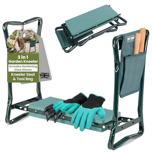 My Garden Kneeler & Stool with Handles 3-in-1 Folding Garden Weeding Stool Heavy Duty Kneeling Bench with Tool Bag & Claw Gardening Gloves Comfortable Seat for Gardening Seniors & Outdoor Use