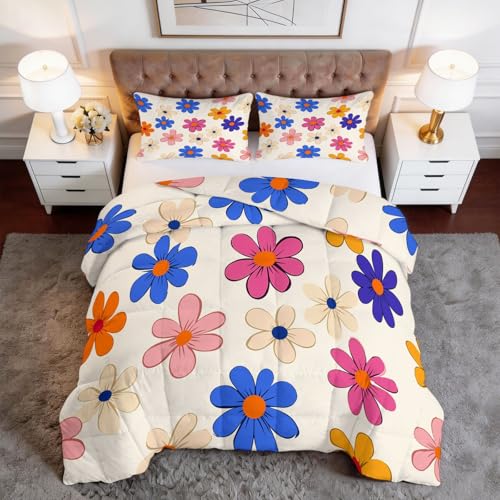 Genérico Edredón Nórdico 4 Estaciones Arte Pop Flores Margaritas Todo en Uno Microfibra Premium y Acolchado en Diamante – Transpirable, Lavable y Suave 220 x 220 cm Set de Ropa de Cama, Beige