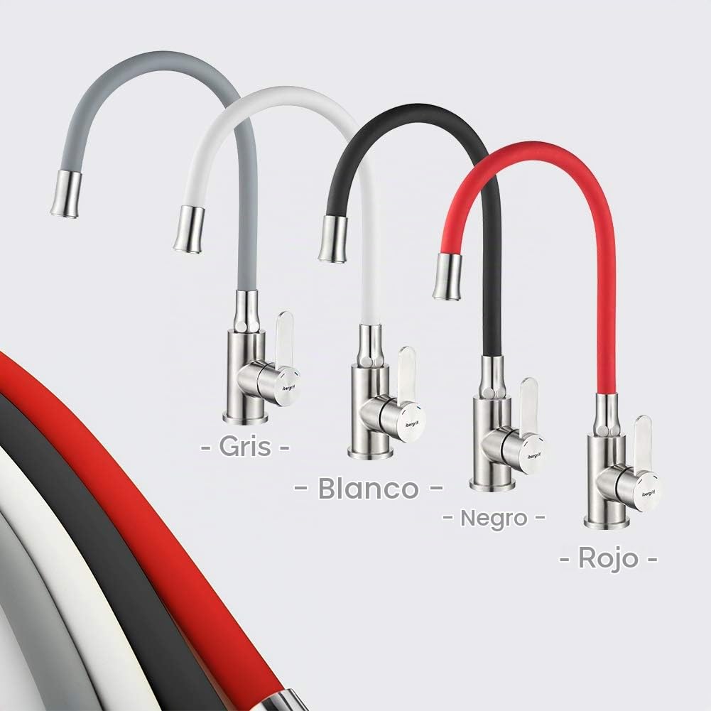 Ibergrif M22119-9 Grifo de Cocina Gris con Caño Flexible Universal, Grifería para Fregadero, Acero Inoxidable Cepillado, Gris, 3/8"