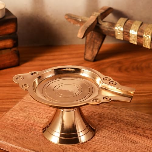 Image of Kerala Crafts Pure Brass Abhishek Patra Tray Plate with PurnaPatra Stand-Mandir Chowki Table Stool for GOD Idols|Somasutra Peetam Tirumanjanam for Diwali Home Temple Pooja (Size (CM) :15 x 8 x 8)