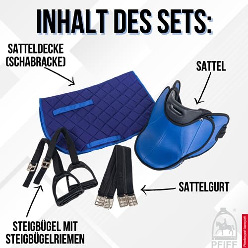 PFIFF 103106 Sattelset für Shettys oder Holzpferde, Komplettset, Kindersattel, Blau