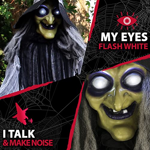 Haunted Hill Farm 9.5-Ft. Animatronic Witch, Indoor or Covered Outdoor Halloween Decoration, Prop With Light-up White Eyes, Poseable and Battery Operated Fright Prop for Home