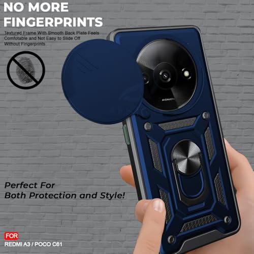 Image of AESTMO Tough Armor Redmi A3 / A3X / Poco C61 Bumper Back Case Cover | Ring Holder & Sliding Camera Shield Cover | 360 Degree Protection Back Case Cover for Redmi A3 / A3X / Poco C61 (Blue)