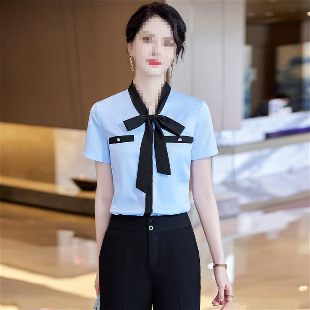 Femmes été Formelles en Mousseline de Soie Blanche Blouses avec nœud Bureau Dame décontracté Poches lâches Chemises