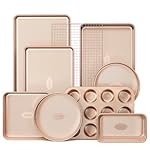HONGBAKE 9-Piece Baking Pans Set Nonstick, Stackable Non Toxic Bakeware Sets with Diamond Texture, Oven Pan Set for Cooking, Includes Cookie Sheet with Rack, Cake Pan, Roasting Pan, Muffin Tin, Gold