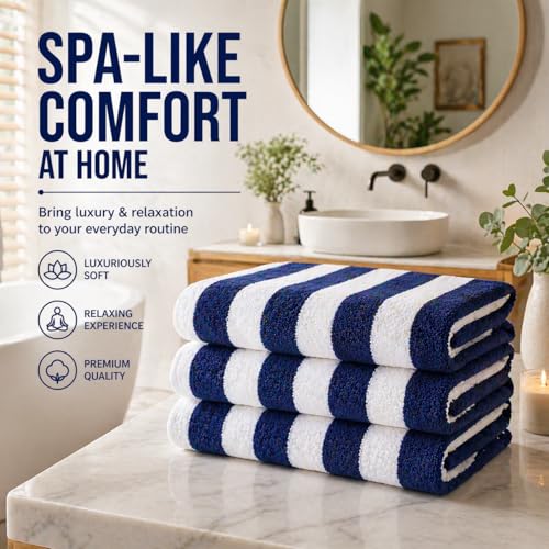 Image of TowelWala Extra Large Cotton Pool & Bath Towel | 180x90 cm | 450 GSM Cotton | Quick Drying & Highly Absorbent | Striped Design for Adults | TW PT BLU Pack 2