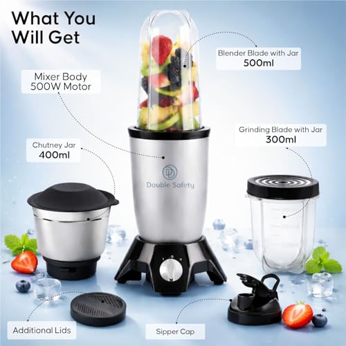 Image of Nutri Go 500W Nutri Blender For Juicing, Mixing & Blending | 3 Jars | Juicer Mixer Grinder & Smoothie Maker for Kitchen | Stainless Steel Blade, 2-Year Warranty (Silver, 3 Jars)