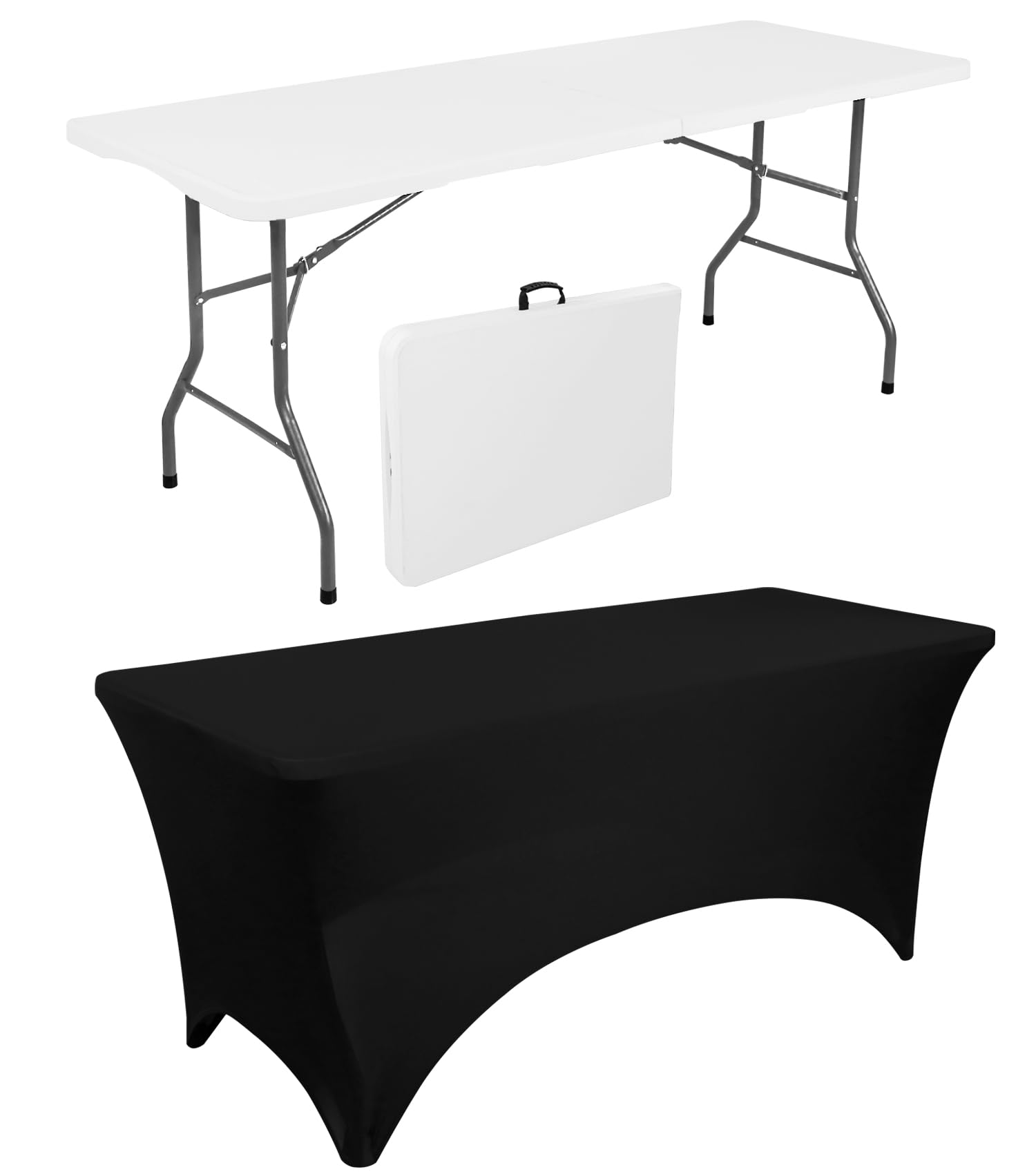 Photo 1 of 1 Set 6 FT Rectangle Folding Table with Carrying Handle, Lightweight Fold-in-Half Utility Table, with Matching Black Stretch Spandex Covers, Ideal for Weddings, Parties, Camping, Banquets, Crafts