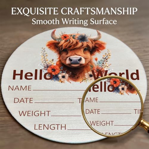 Image of Highland Cow Baby Announcement Sign, Wooden Nursery Name Plaque 6in | Highland Cow Themed Wooden Name Sign for Newborn Announcement, Nursery Decor, Baby Shower Gifts, Records Name, Date & Weight