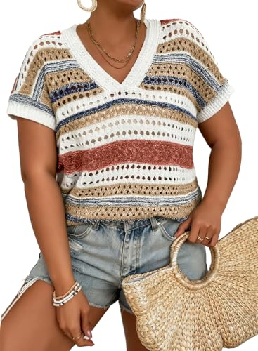 Eytino Plus Size Tops for Women Striped V Neck Short Sleeve Hollow Out Crochet Knit Sweater 2026 Sping Clothes Outfits 3X Khaki