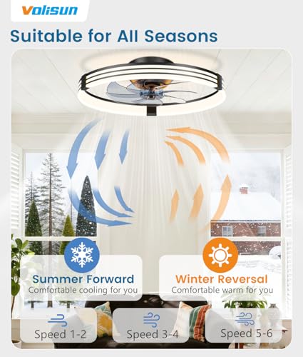 VOLISUN Low Profile Ceiling Fans with Lights and Remote, 20in Flush Mount Ceiling Fan with Light, 3000K-6500K Dimmable Fandelier LED Fan Light, Black Bladeless Ceiling Fans with Lights for Bedroom - image 4